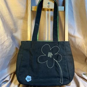 Haiku canvas shoulder bag w/flower stitch appliqué